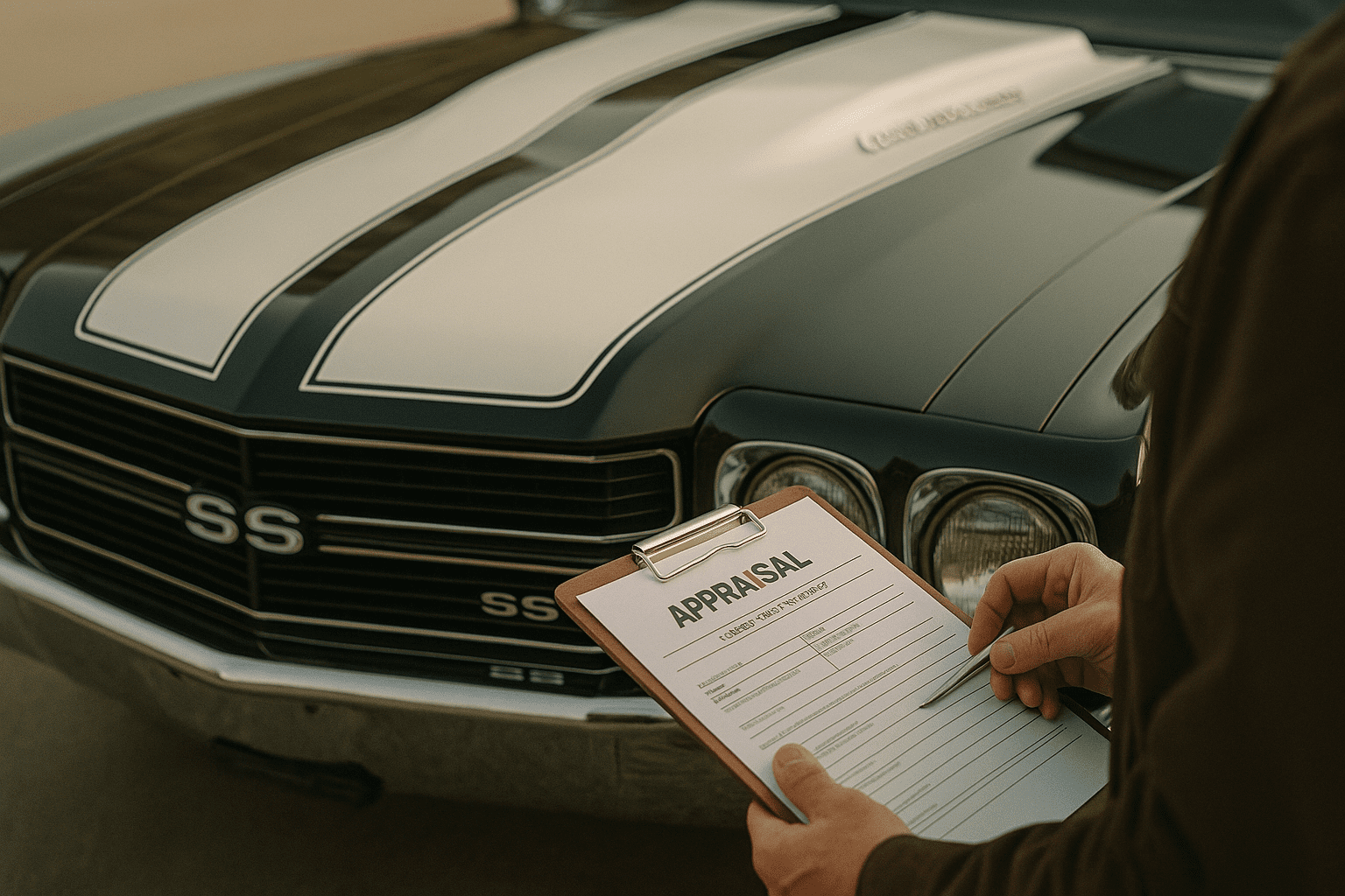 Close-up of a restored 1970 Chevelle SS with an owner holding appraisal papers and a clipboard.