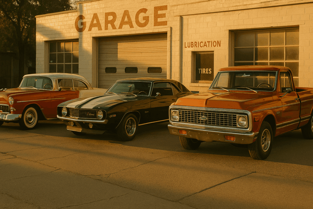 A lineup of a 1955 Bel Air, 1969 Camaro Z/28, and 1972 C10 parked in front of a vintage garage at sunset.