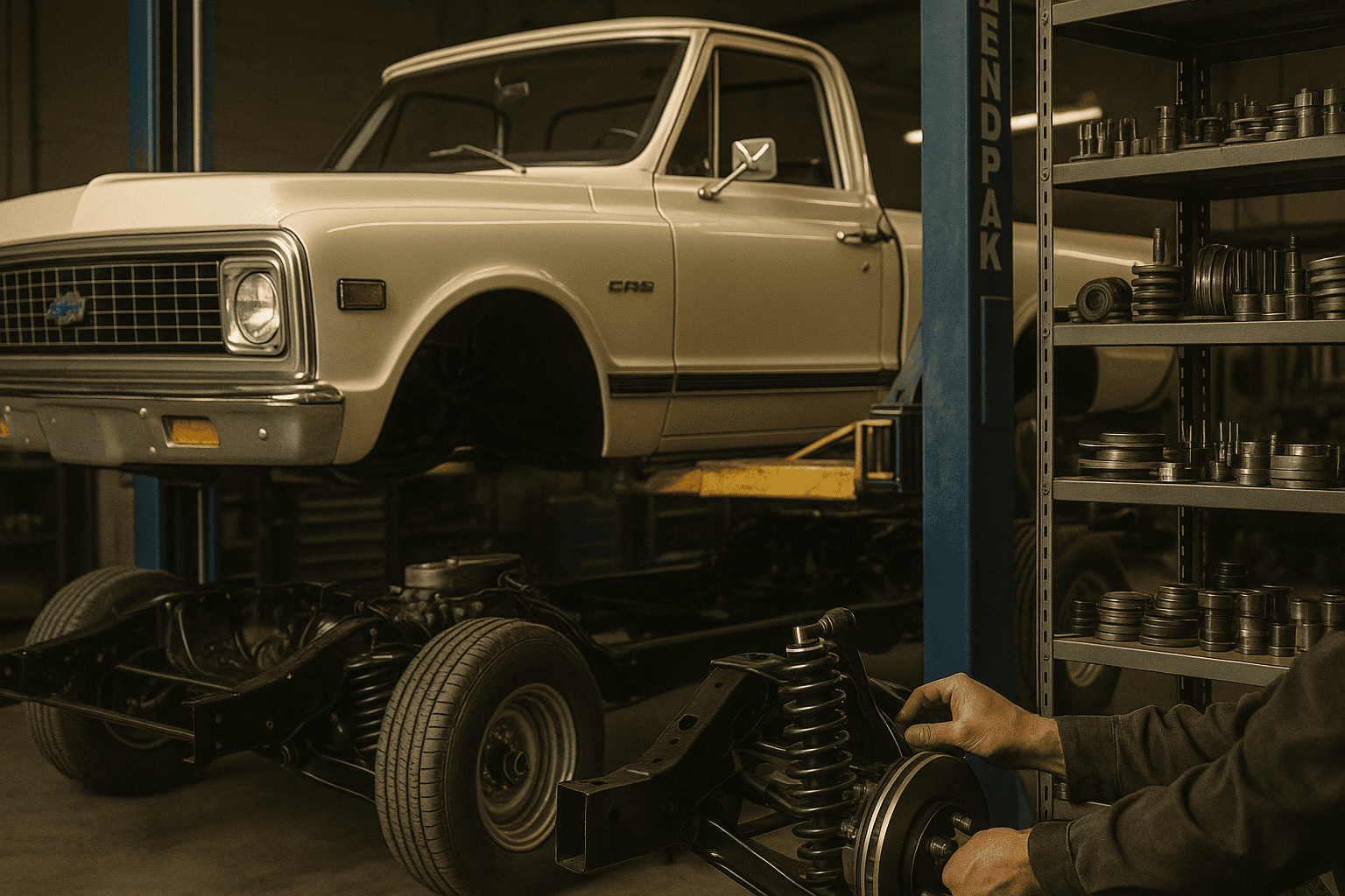 Classic Chevy C10 truck body lifted off the chassis with a mechanic working on the suspension.