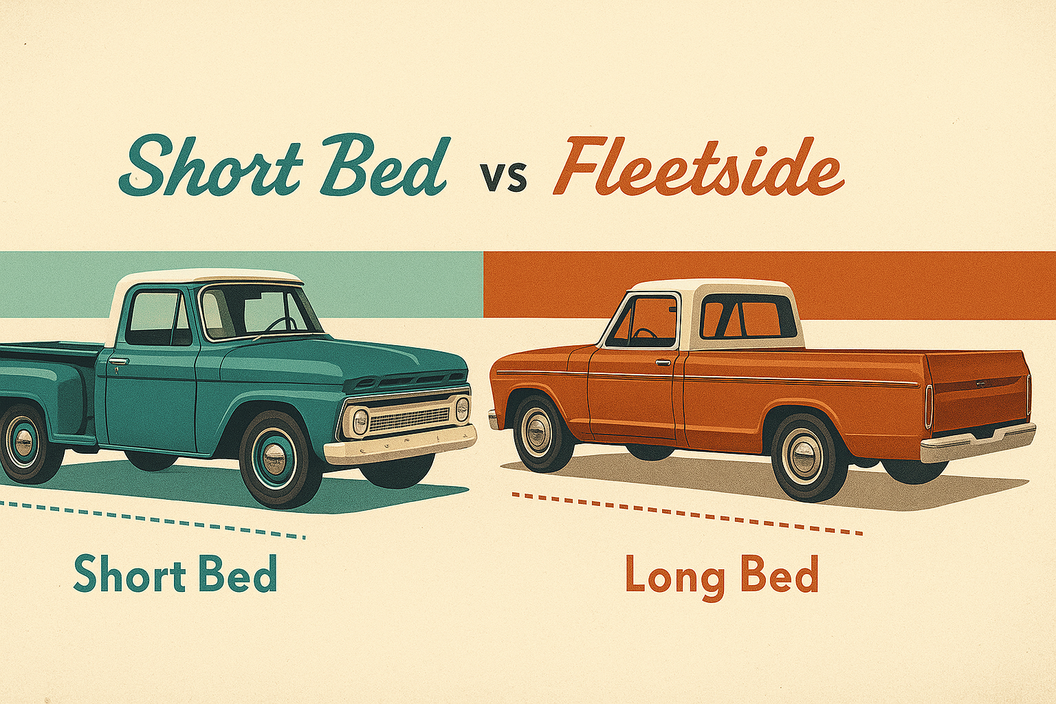 Infographic showing a short-bed and long-bed Chevy C10 side-by-side in a mid-century style.