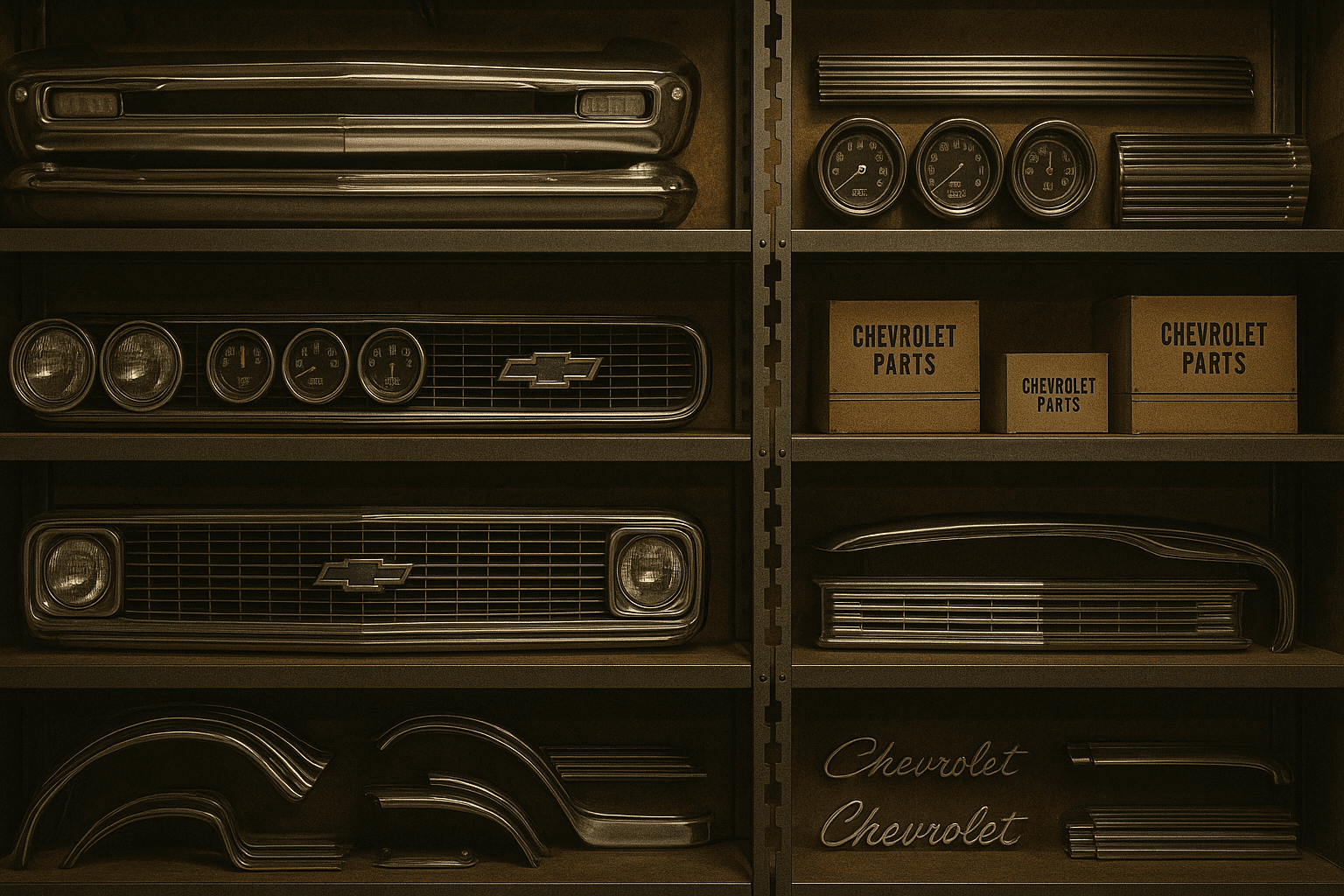 Shelves filled with classic Chevy chrome bumpers, gauges, grilles, trim pieces, and labeled boxes.