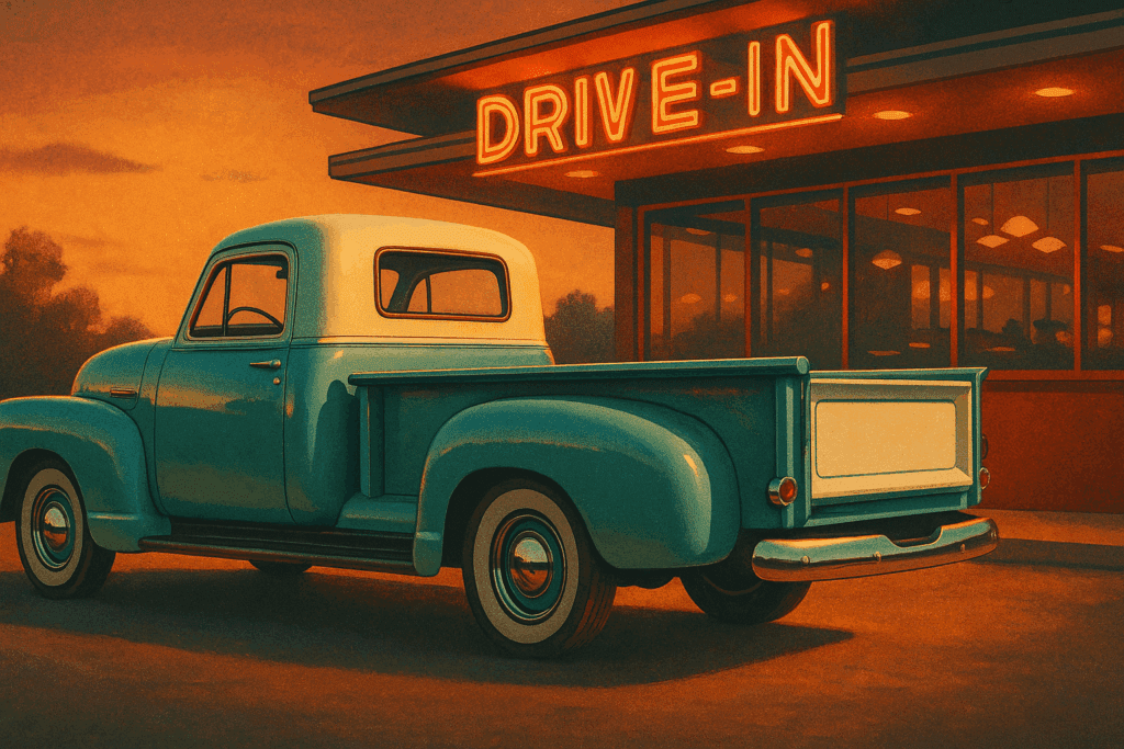 Restored teal and cream Chevy Stepside with a wood bed parked at a sunset-lit drive-in diner.