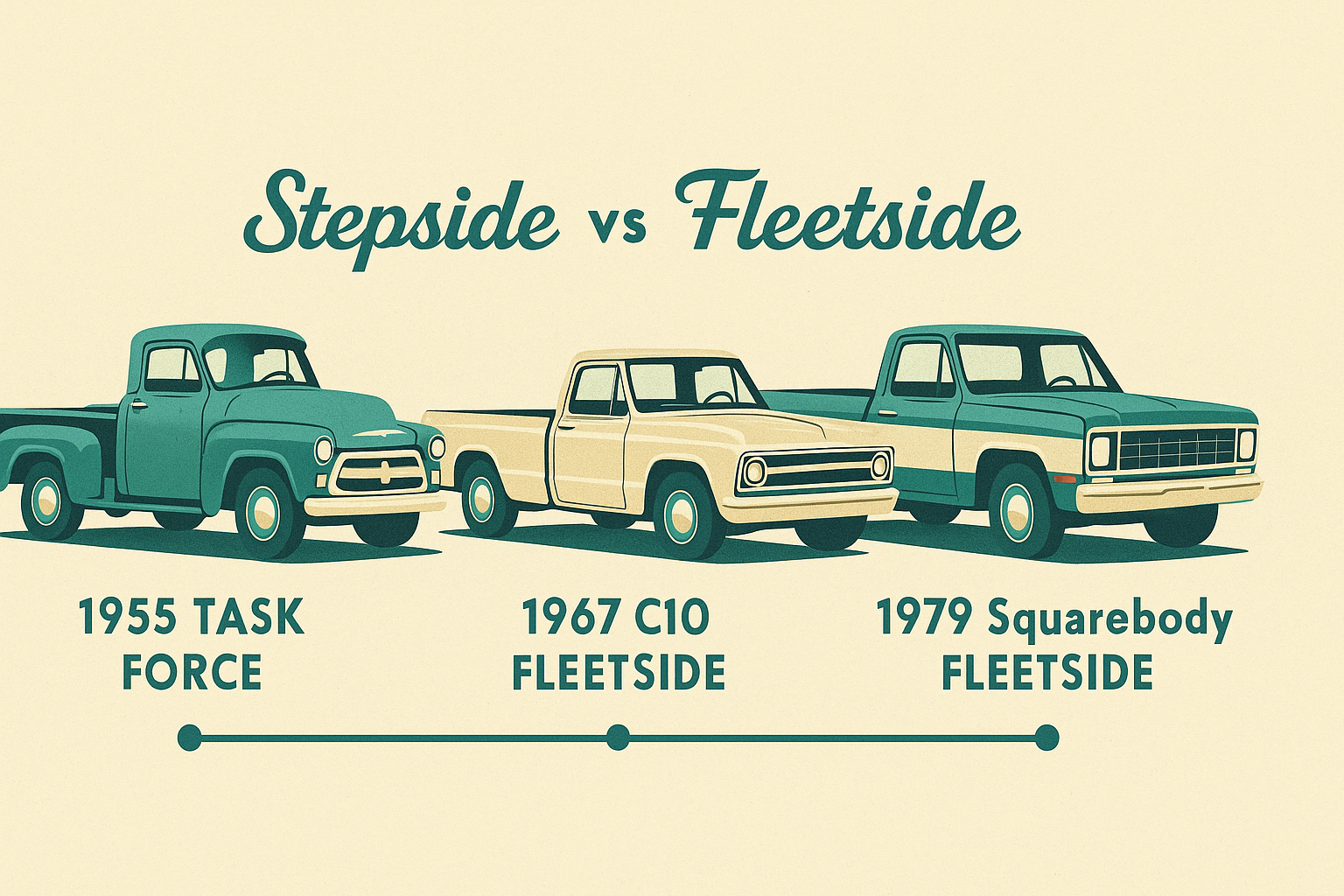 Timeline illustration featuring a 1955 Task Force Stepside, 1967 C10 Fleetside, and 1979 Squarebody Fleetside.