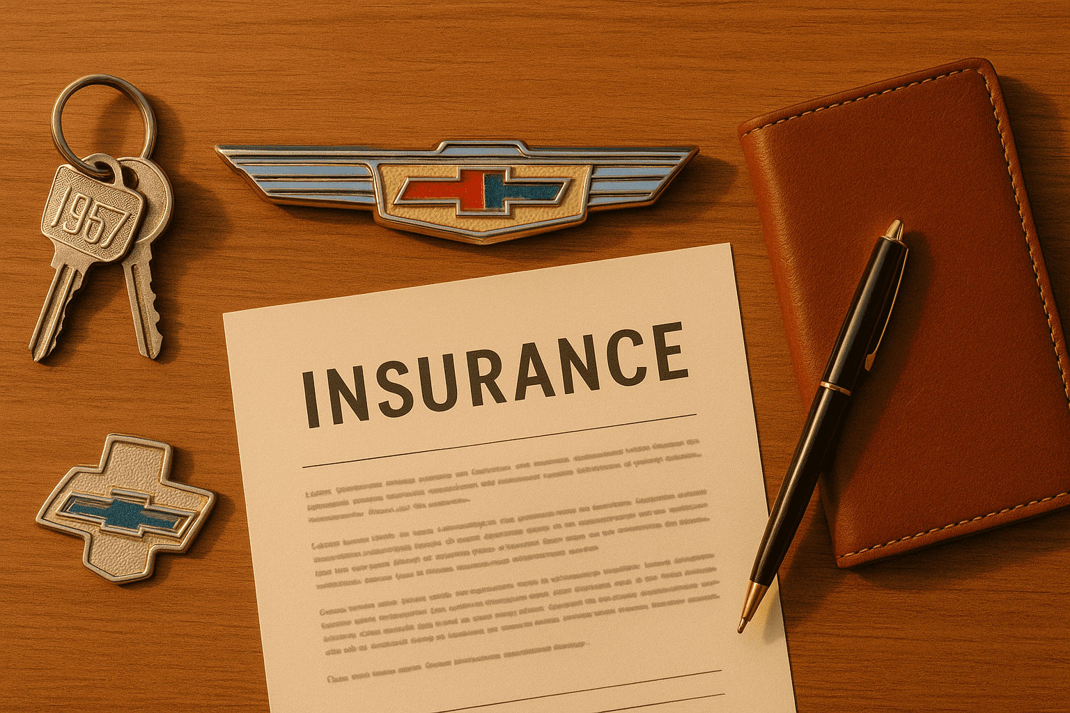 Flat-lay of 1957 Chevy keys, Chevrolet emblems, insurance papers, pen, and leather notebook.