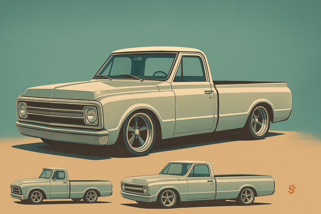 Lowered Chevy C10 Fleetside with smooth body lines, large wheels, and modern LS-swap stance.