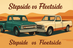 Retro illustration showing a Chevy C10 Stepside and a Chevy C10 Fleetside side-by-side in a vintage teal and cream color scheme.