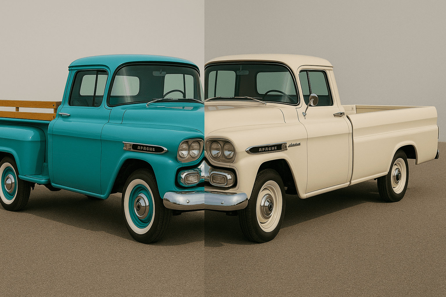 1958 Chevy Apache Task Force trucks side by side showing Stepside and Fleetside bed designs.