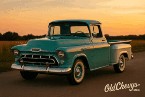 1957 Chevy Task Force pickup in turquoise and white parked on a country road at sunset.