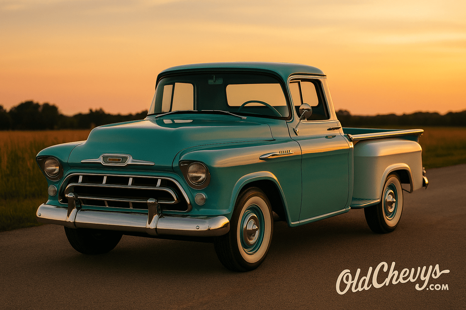 1957 Chevy Task Force pickup in turquoise and white parked on a country road at sunset.