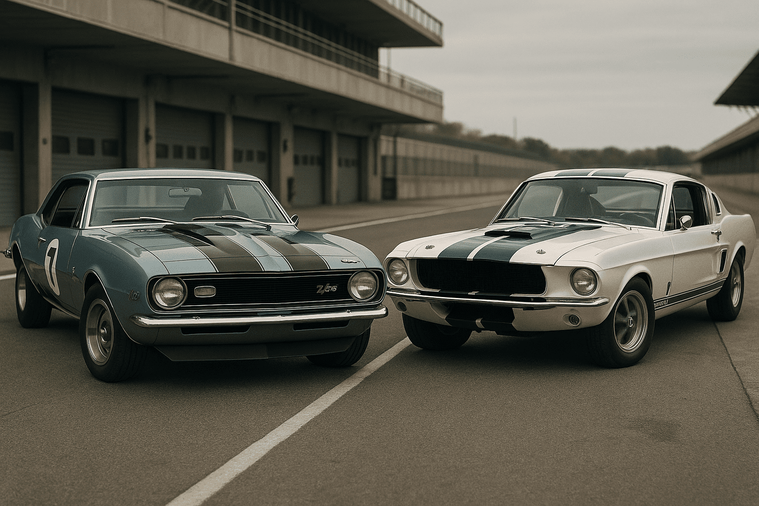 1967 Camaro Z/28 beside a 1967 Shelby GT350 representing the early Trans-Am Camaro vs Mustang rivalry.