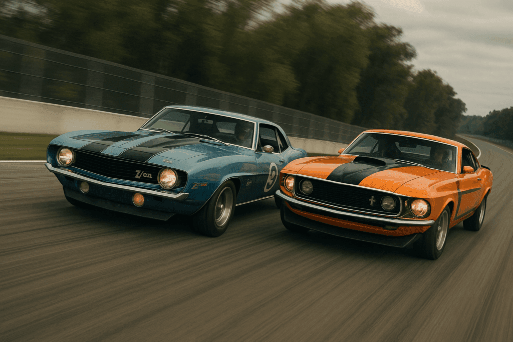 1969 Camaro Z/28 racing beside a 1969 Mustang Boss 302 during the peak of the Camaro vs Mustang rivalry.