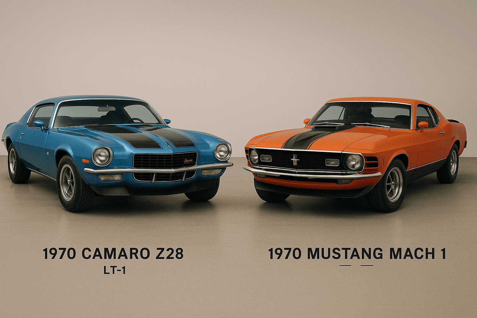 1970 Camaro LT-1 compared with a 1970 Mustang Mach 1 showing second-generation evolution in the Camaro vs Mustang rivalry.