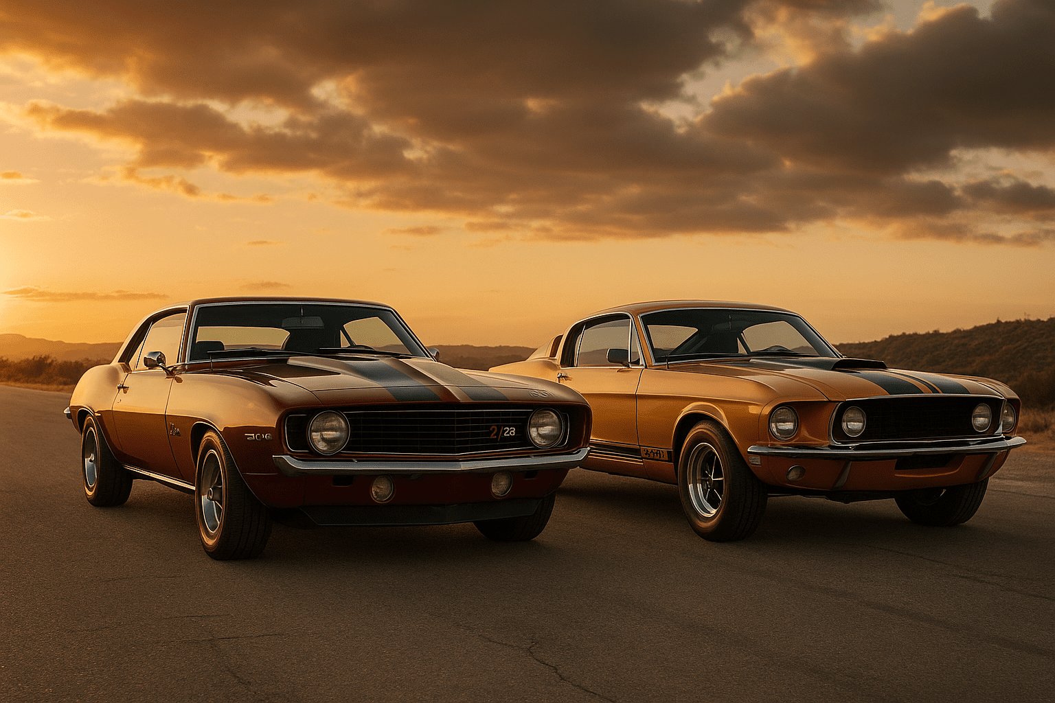 1969 Camaro Z/28 parked beside a classic Ford Mustang illustrating the Camaro vs Mustang rivalry of the 1960s.