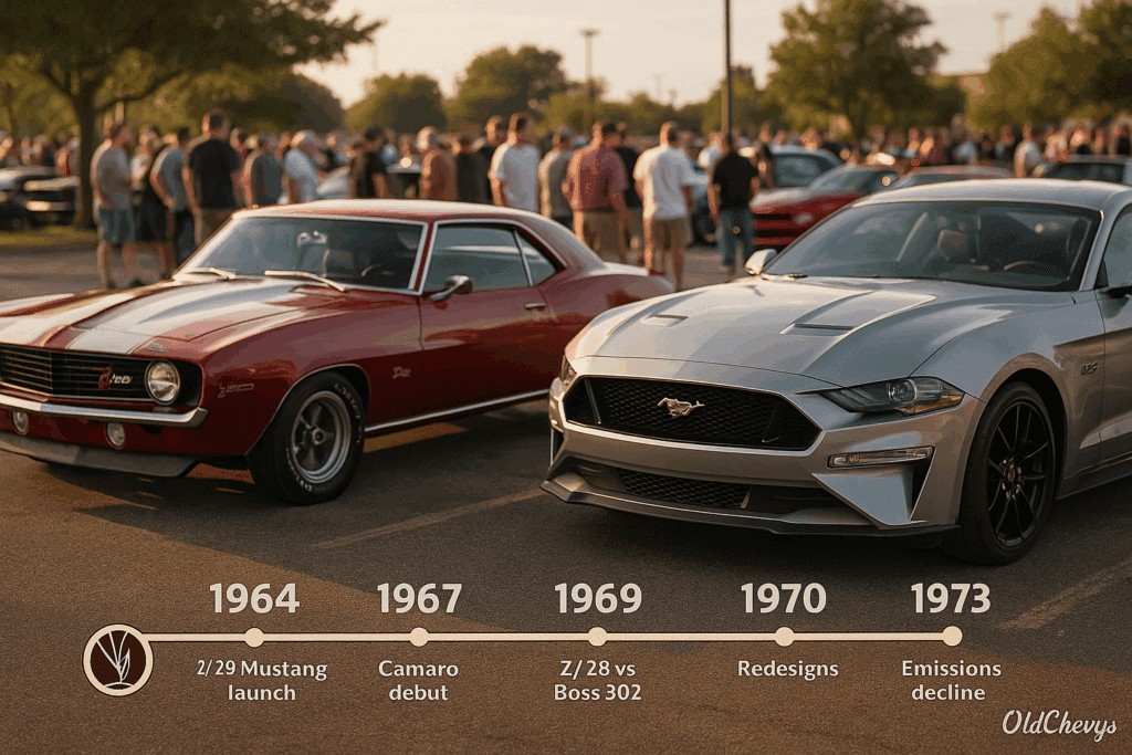 Restored 1969 Camaro Z/28 next to a modern Mustang GT showing the lasting Camaro vs Mustang rivalry.