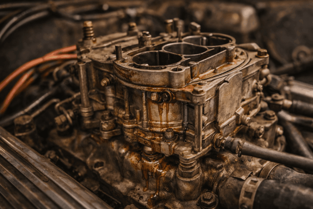 Carburetor fuel seepage causing gas smell in a classic Chevy