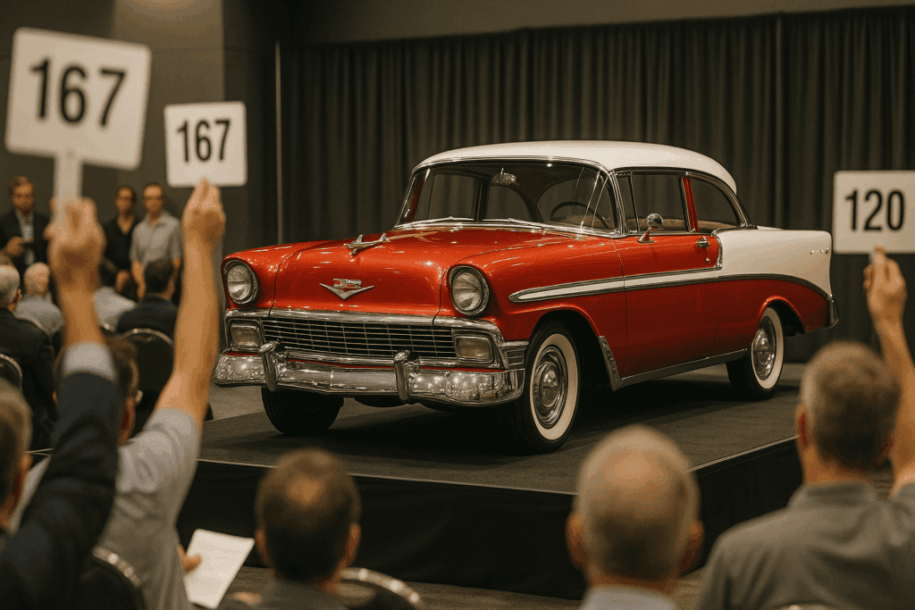 1956 Chevy showcased at an auction with bidders in the background