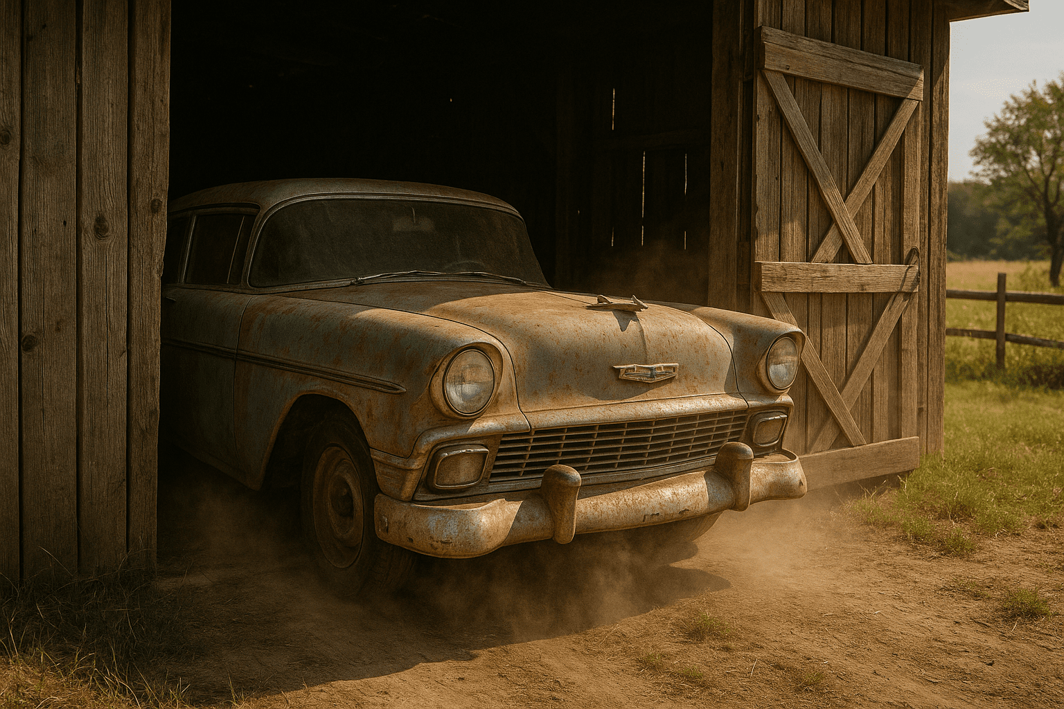 Barn-find classic Chevy emerging into daylight, representing local listings