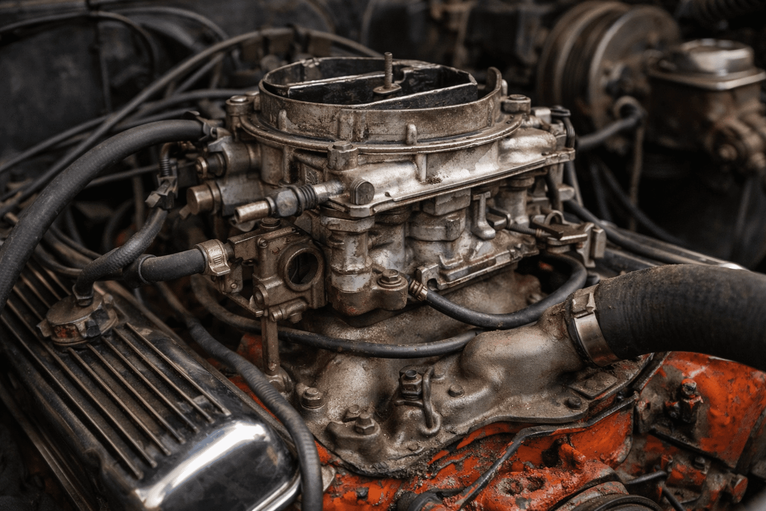 Classic Chevy carburetor and vacuum hoses that can cause overheating at idle