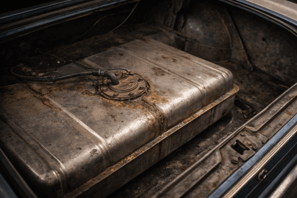 Fuel tank area causing gas smell in a classic Chevy trunk