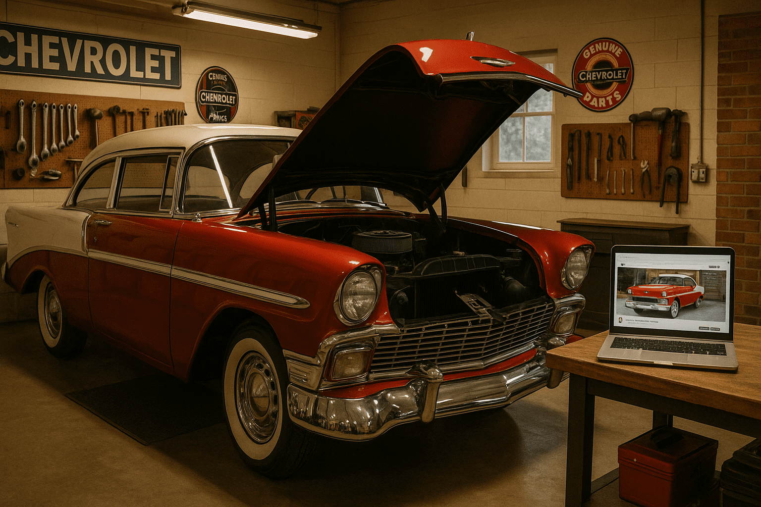 Classic Chevy in a home garage with a laptop open to an online car forum