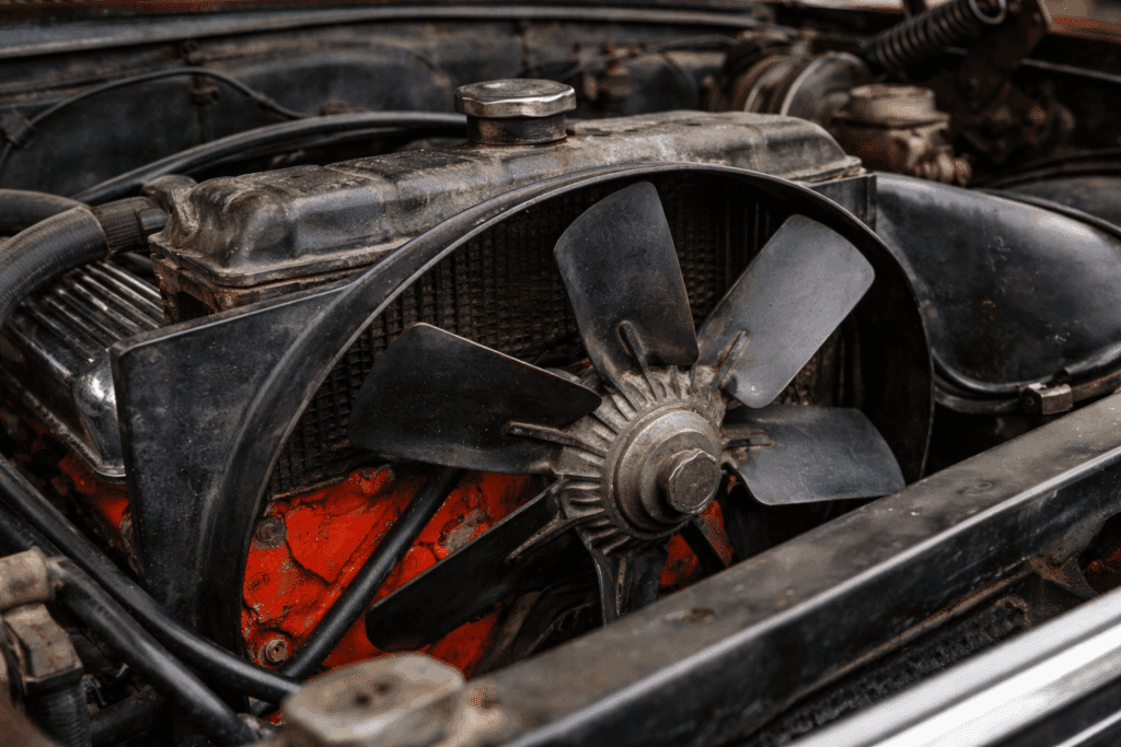 Mechanical fan and shroud on a classic Chevy engine affecting idle cooling