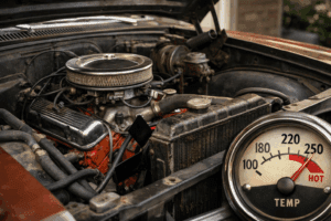 Classic Chevy overheating at idle with small block engine and mechanical fan visible