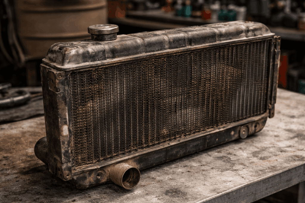 Clogged radiator from a classic Chevy causing overheating at idle