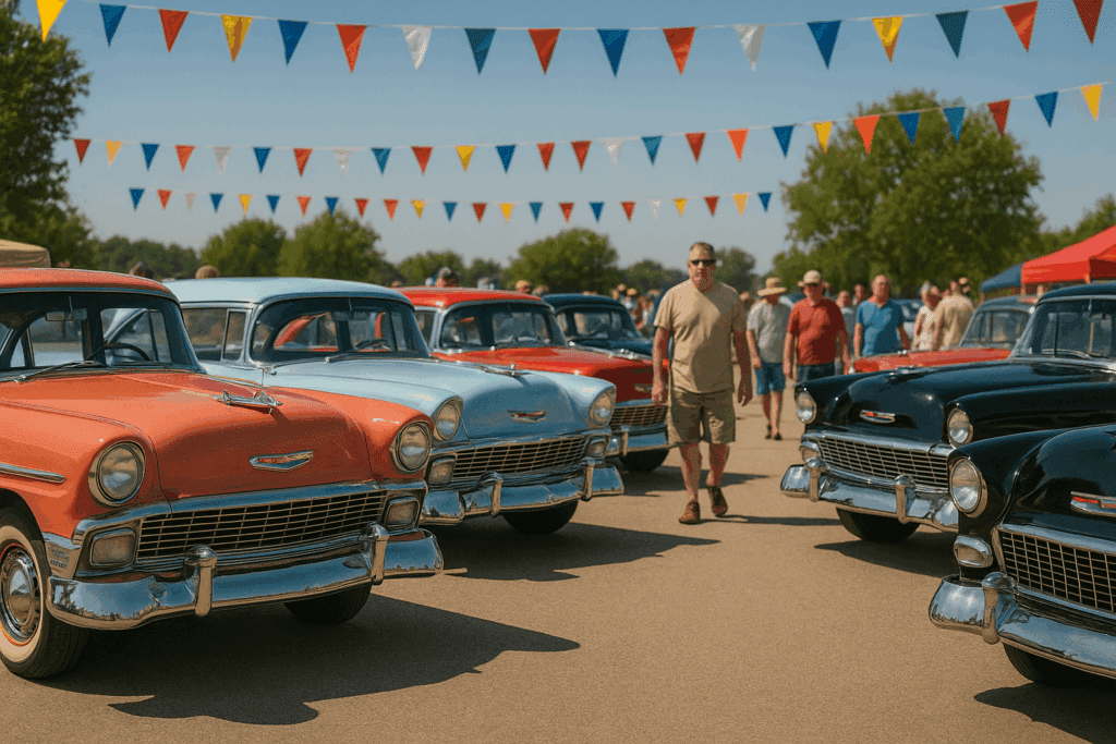 Row of classic Chevys at a car show where cars are often sold