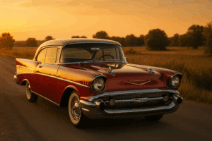 Restored 1957 Chevy Bel Air parked at sunset, representing classic Chevys for sale
