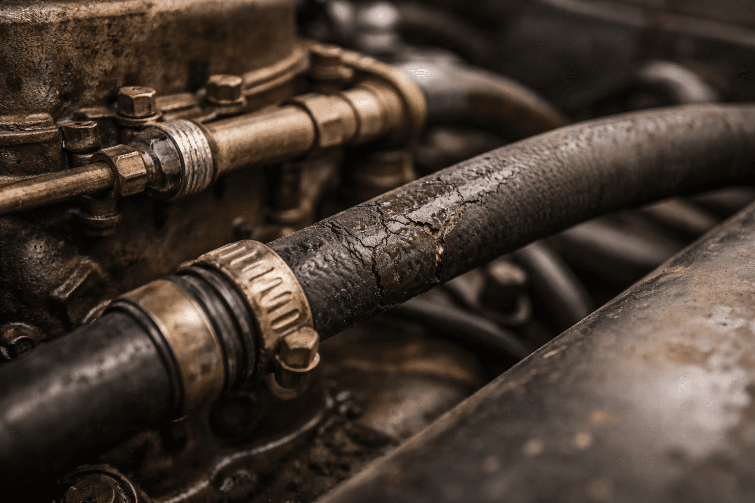 Cracked rubber fuel hose causing gas smell in a classic Chevy