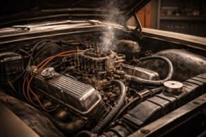 Gas smell in a classic Chevy caused by fuel system leaks in the engine bay