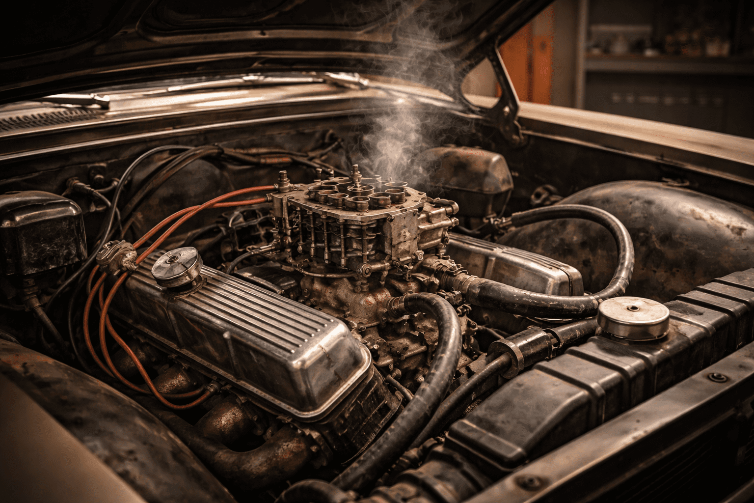 Gas smell in a classic Chevy caused by fuel system leaks in the engine bay