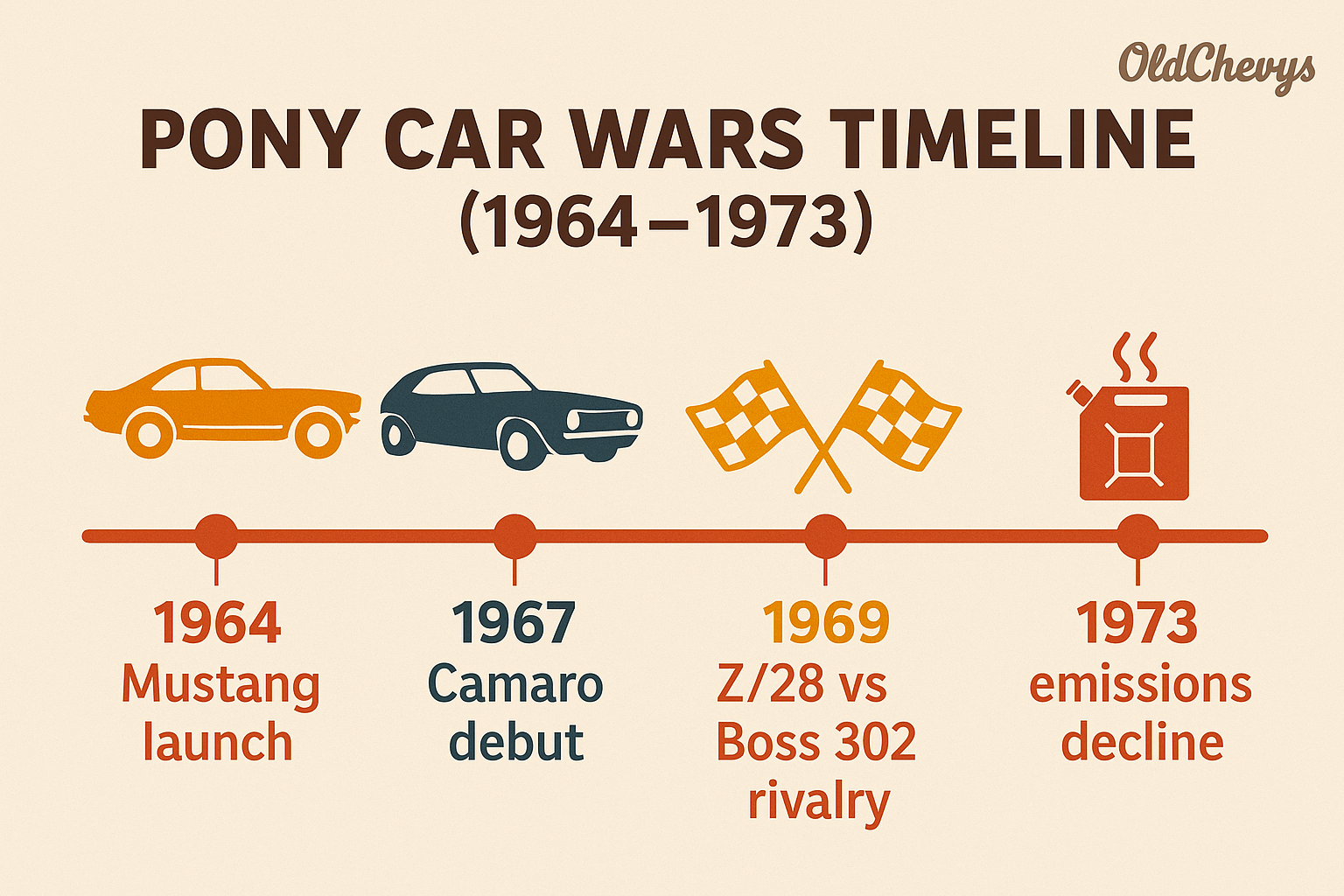 Timeline of the Camaro vs Mustang pony car wars from 1964 to 1973 showing major Mustang and Camaro milestones.