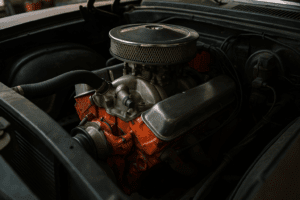 Small block Chevy engine showing front area where suffix codes are stamped