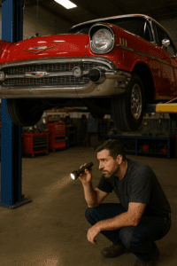 Buyer inspecting the frame and undercarriage of a 1957 Tri-Five Chevy on a lift.