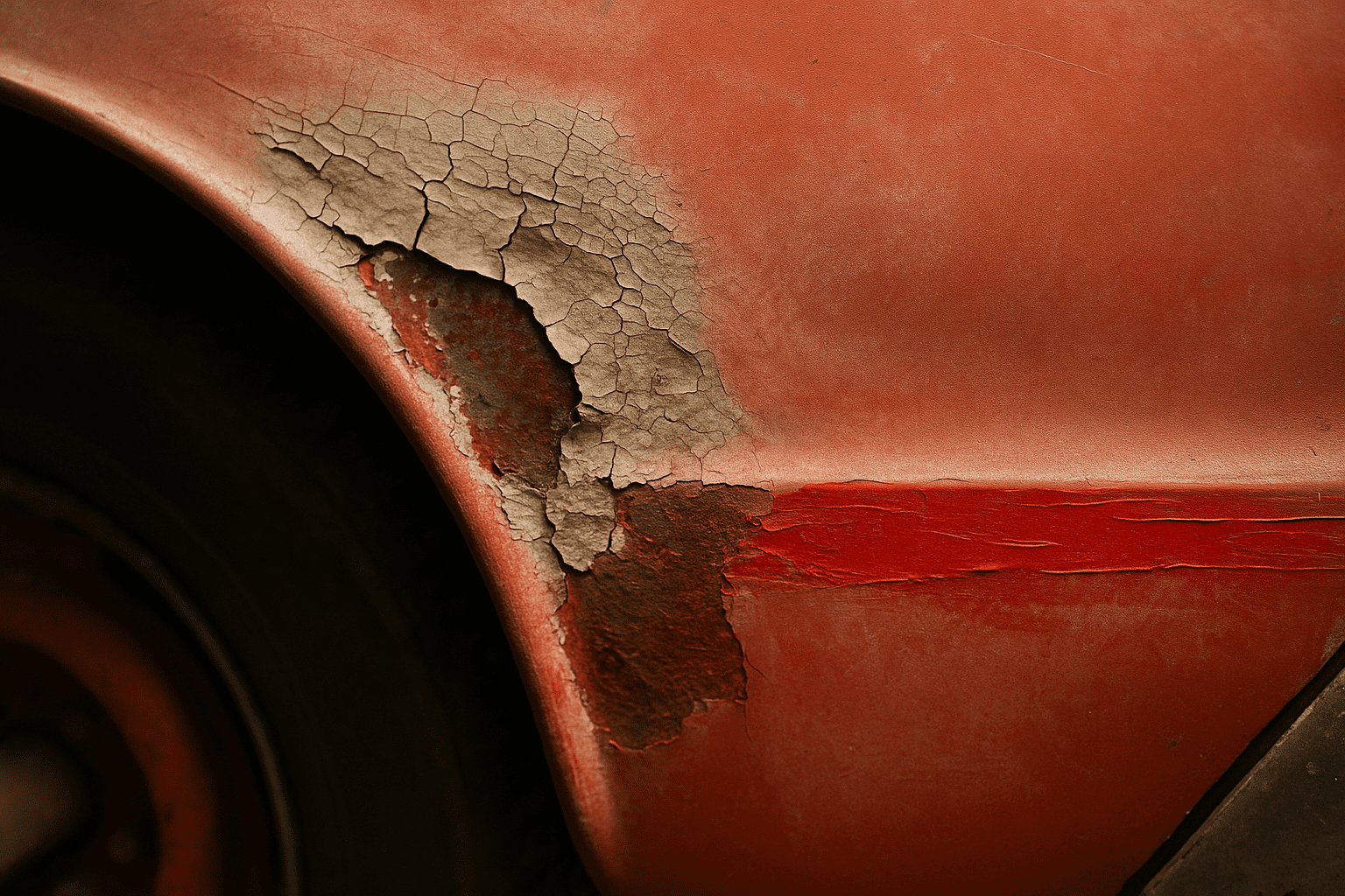 Example of poor bodywork and filler cracks on a Tri-Five Chevy during inspection.