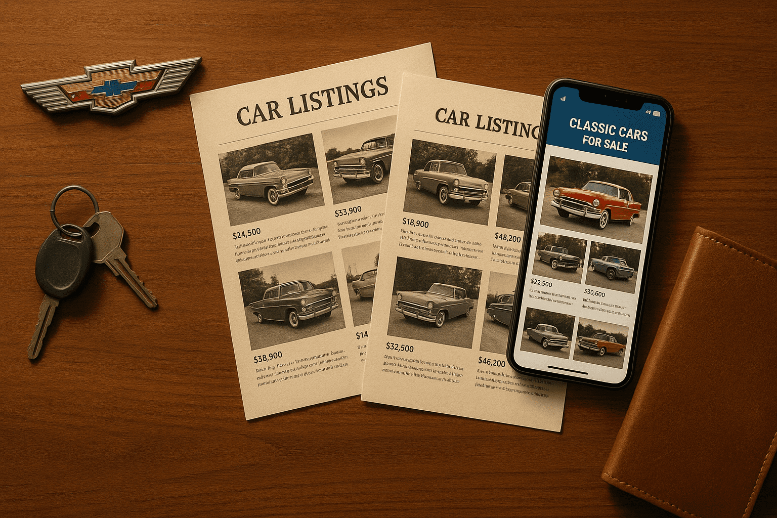 Flat-lay of classic car listings and Chevy emblem representing searching for classic Chevys online