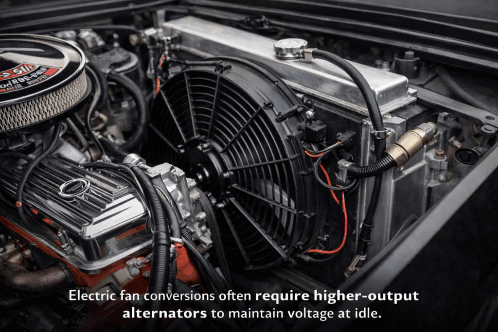 Upgraded alternator and wiring used to support an electric fan on a classic Chevy