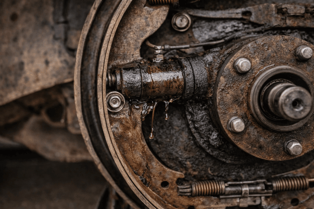 Brake fluid leaking from rear wheel cylinder on a classic Chevy drum brake