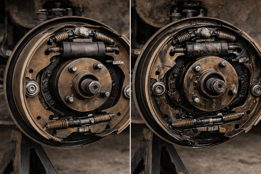 Uneven drum brake wear that can cause a classic Chevy to pull while braking