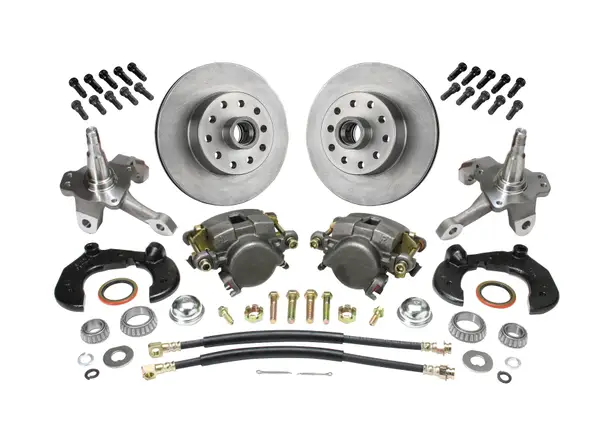 Disc brake conversion kit parts for a classic Chevy including calipers rotors and master cylinder