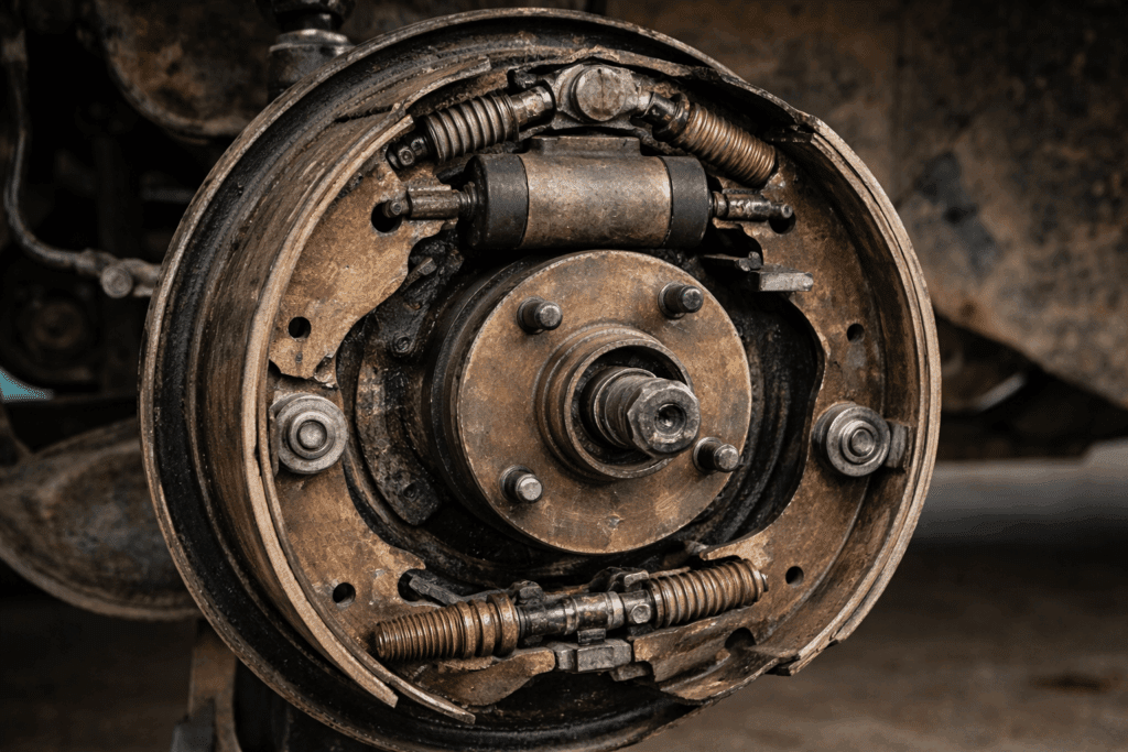 Classic Chevy drum brake components including shoes, wheel cylinder, and adjuster