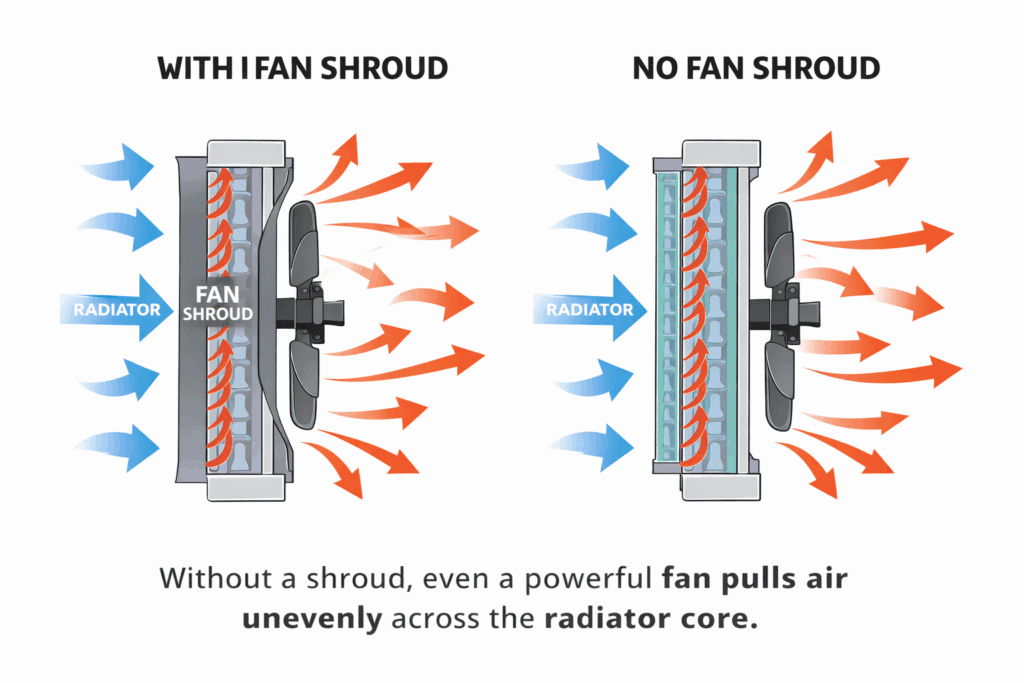 Diagram showing proper airflow through a radiator fan shroud on a classic Chevy