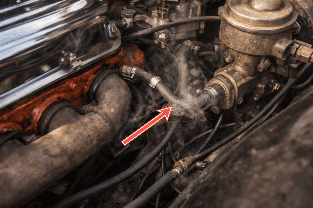 Fuel line routed near exhaust manifold in a classic Chevy causing vapor lock
