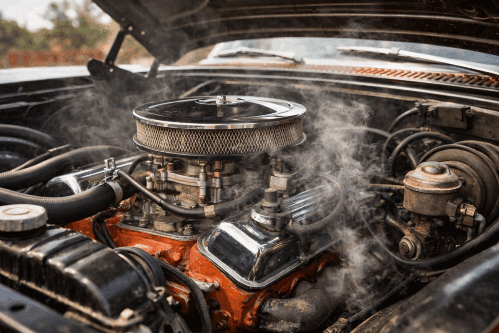 Heat soak in a classic Chevy engine bay after shutdown
