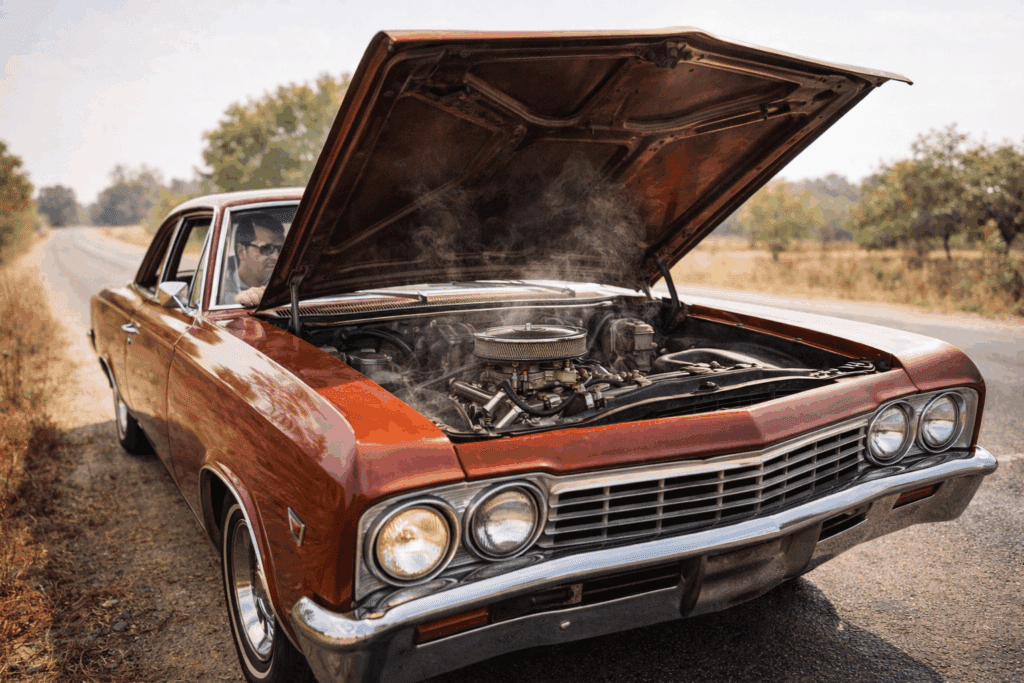 Classic Chevy being driven in hot weather with hood open to reduce vapor lock risk
