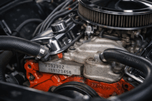 Classic Chevy engine identification showing casting numbers and stamped engine codes