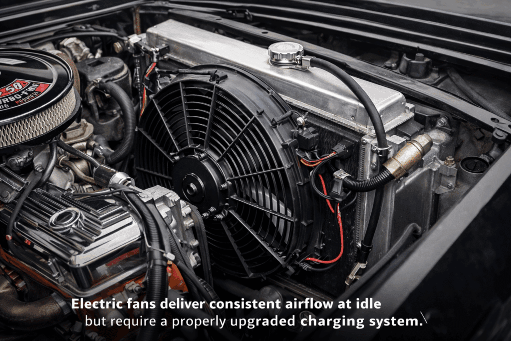 Electric radiator fan installed on a classic Chevy cooling system