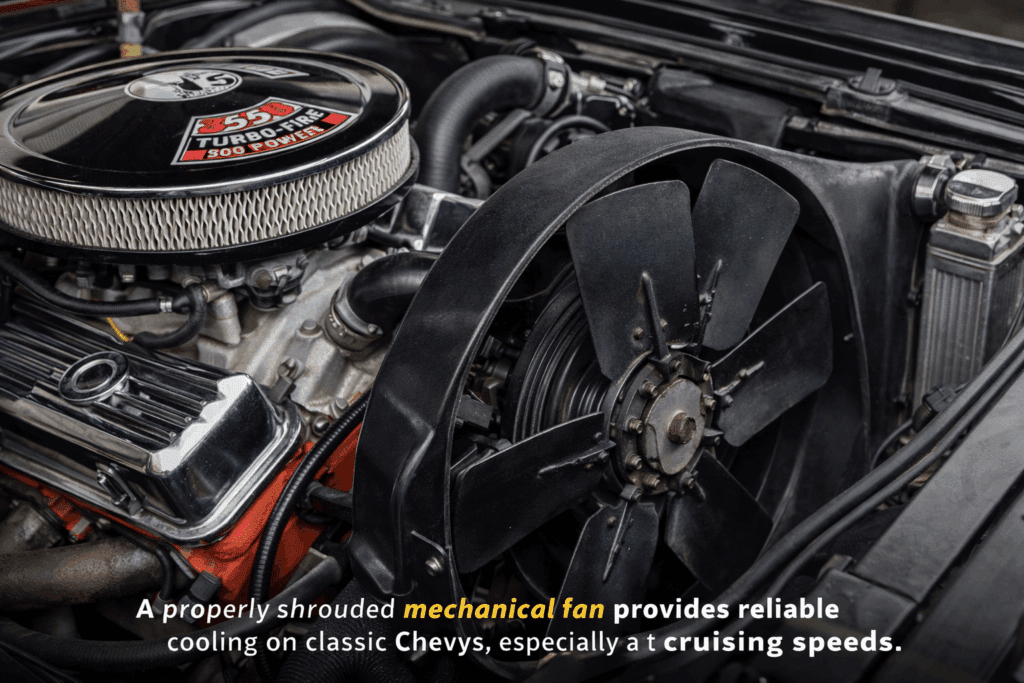 Mechanical cooling fan with full radiator shroud on a classic Chevy engine
