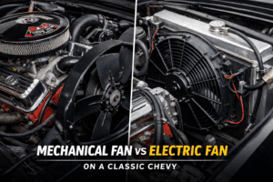 Mechanical fan and electric fan installed on a classic Chevy V8 engine for cooling comparison